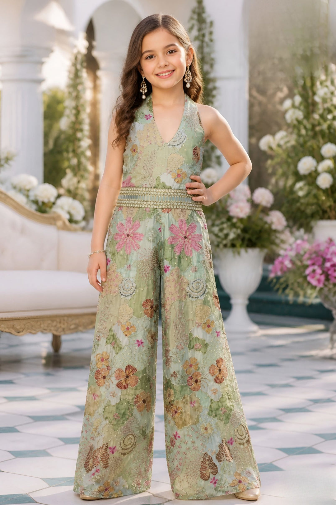 Sea Green Zari, Mirror and Sequins work with Floral Print Long Jumpsuit for Girls