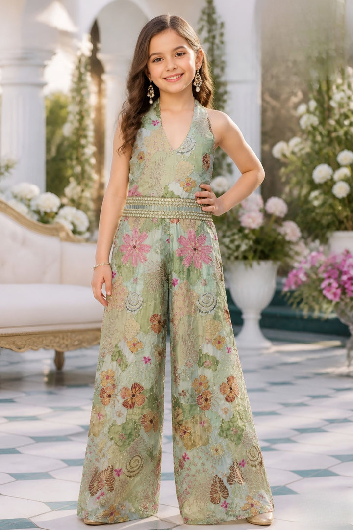 Sea Green Zari, Mirror and Sequins work with Floral Print Long Jumpsuit for Girls