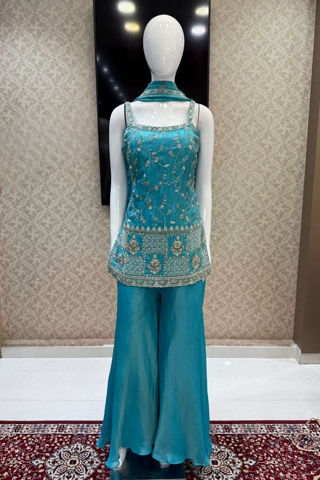 Rama Blue Beads, Zari and Sequins work Top with Flared Palazzo Set