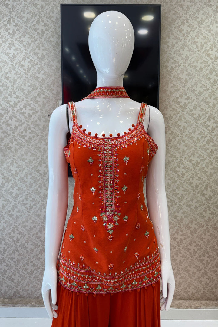 Mirror, Sequins, Zardozi and Thread Detail on Orange Festive Kurta with Palazzo Set