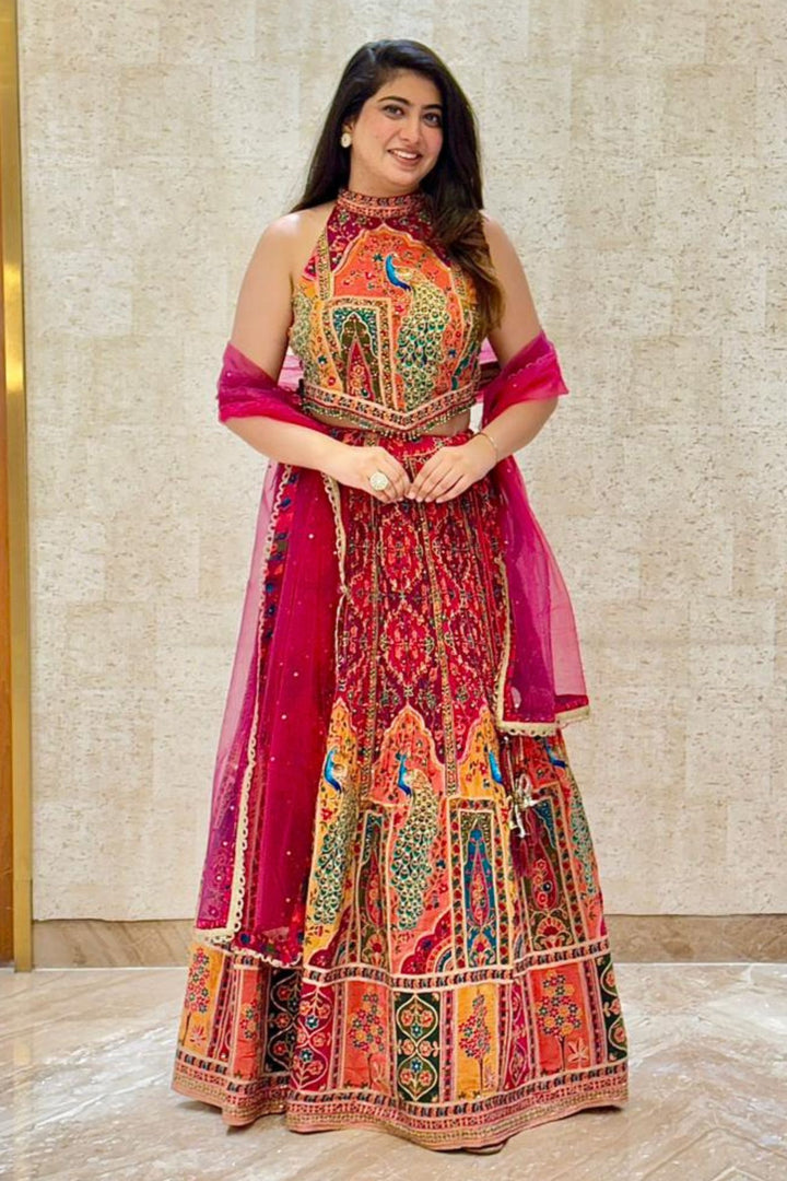 Majestic Peacock Motif Printed Lehenga Set with Embellished Halter Blouse