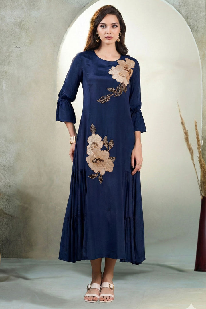 Navy Blue Beads and Zari work Anarkali Styled Long Kurti