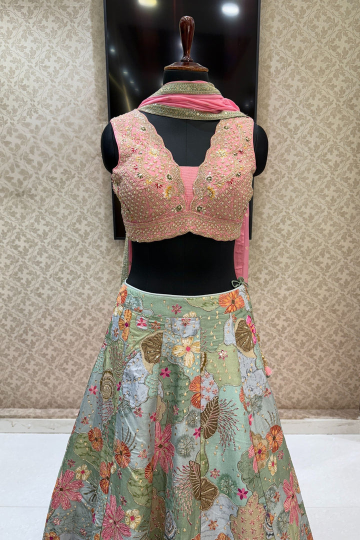 Pink with Light Green Floral Print, Beads, Zari and Sequins work Crop Top Lehenga