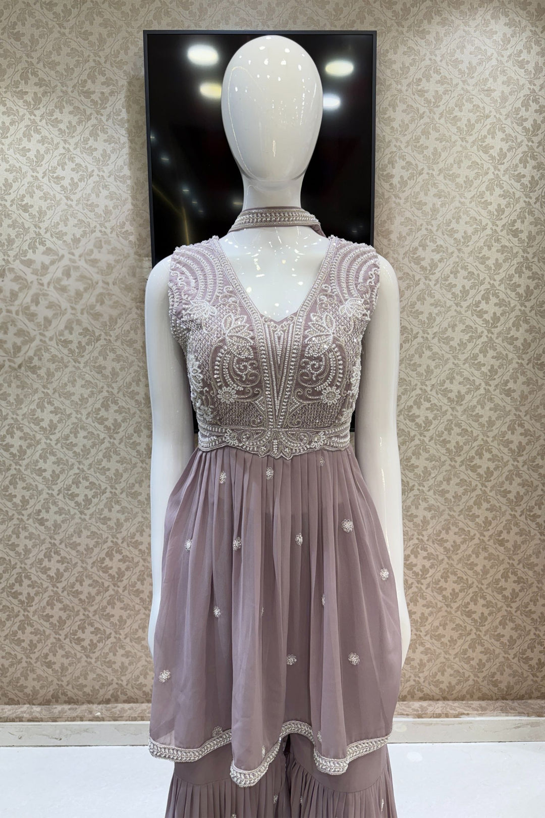 Lilac Beads, Sequins and Thread work Peplum Top with Sharara Suit Set