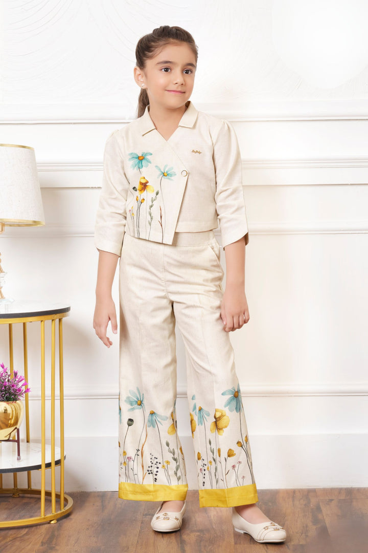 Beige with Multicolor Digital Print and Zari Weaving Co-ord Set for Girls