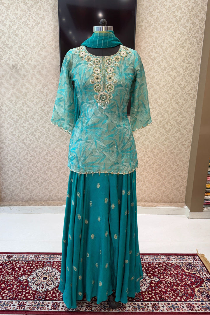 Rama Blue Zardozi, Beads, Sequins, Pearl, Stone and Banaras work Palazzo Salwar Suit