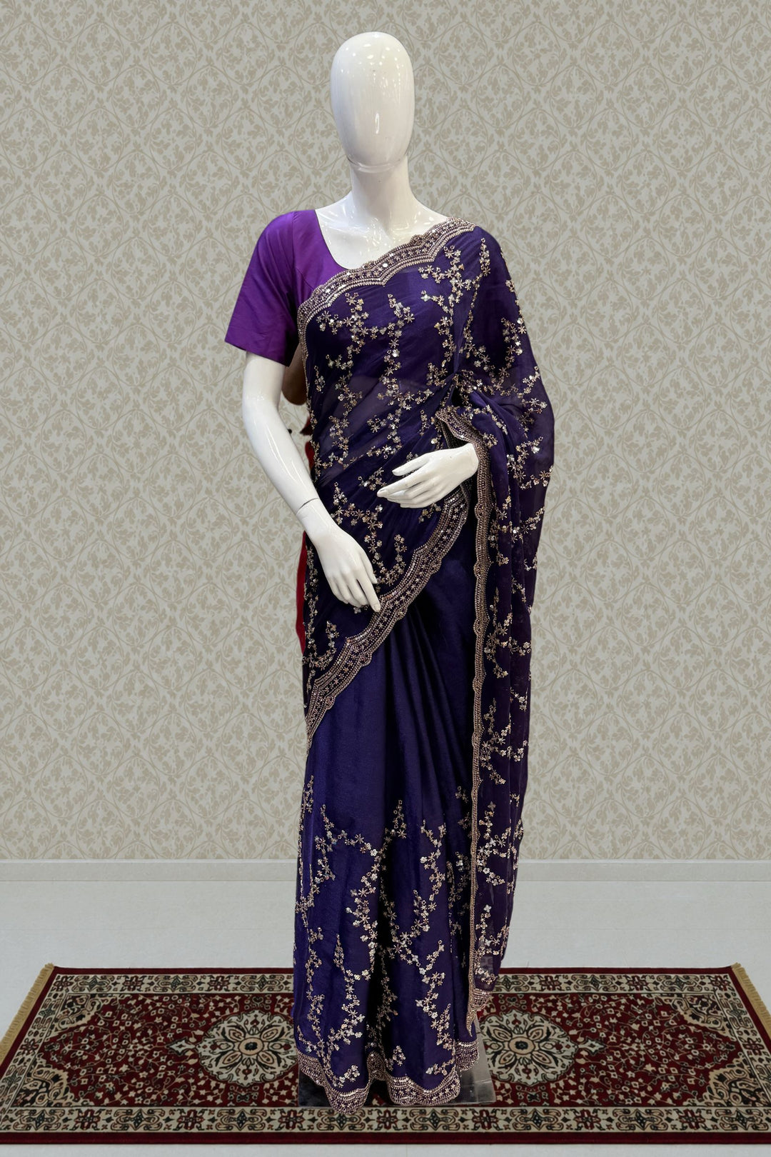 Purple Saree with Intricate Zari, Sequin and Beads work