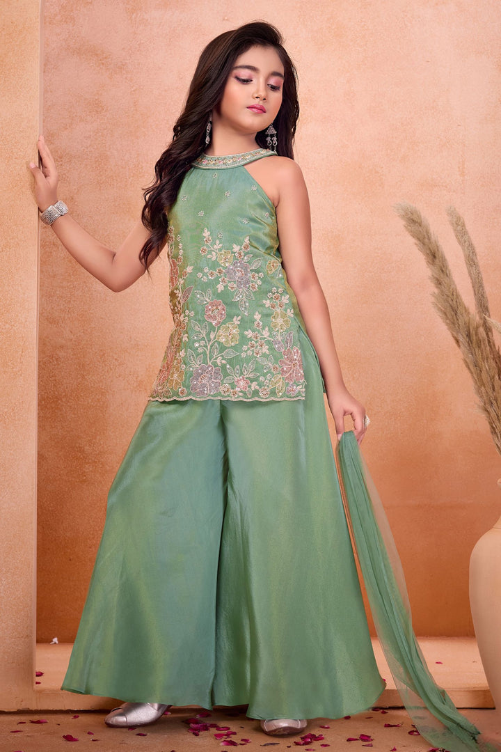 Sea Green Beads, Stone and Multicolor Thread work Palazzo Suit Set for Girls