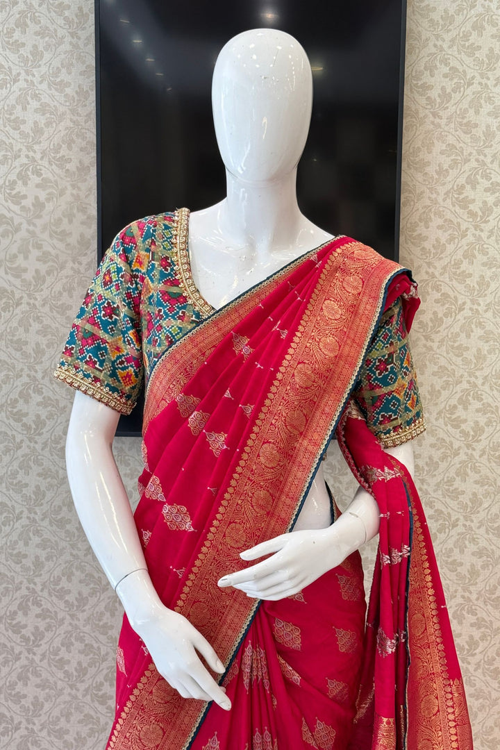 Rani Pink Banaras work Saree with Patola Print, Sequins and Zardozi work Readymade Blouse