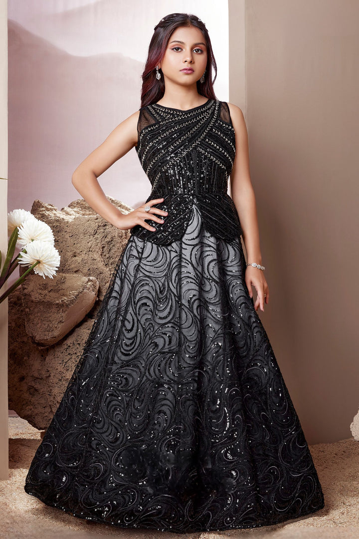 Black Sequins, Beads and Thread work Long Party Gown for Girls