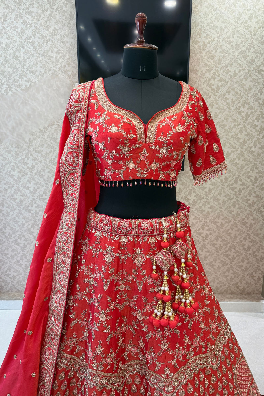 Tomato Red Beads, Zardozi, Sequins and Zari work Crop Top Designer Bridal Lehenga