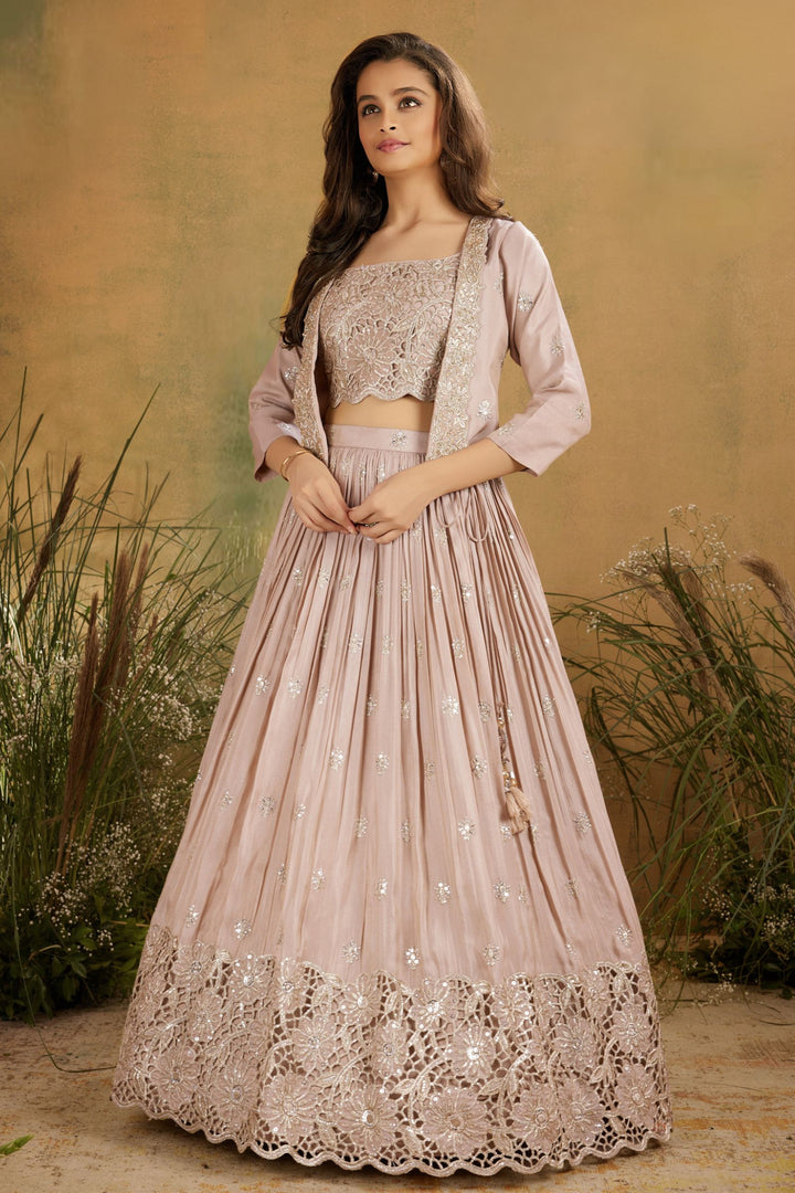Beige Zari, Sequins, Stone and Beads work Jacket Styled Lehenga Choli for Girls