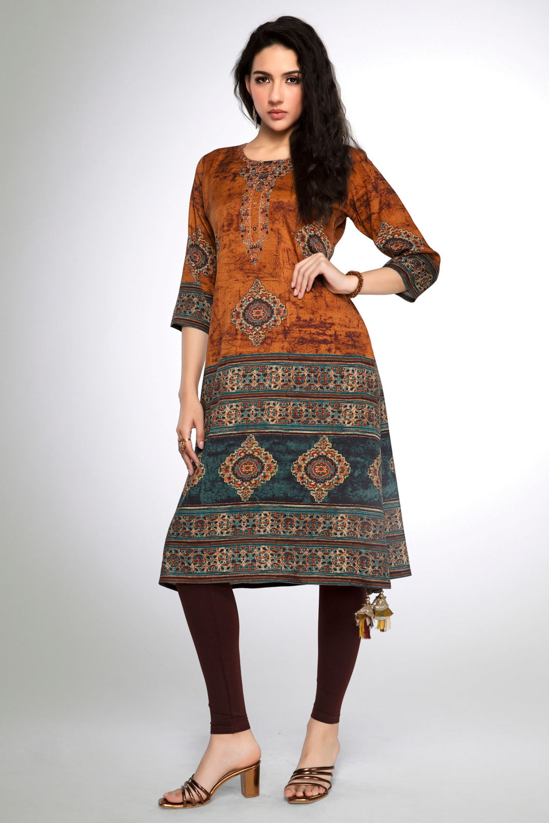 Mustard Sequins and Thread work with Multicolor Digital Print Calf Length Kurti