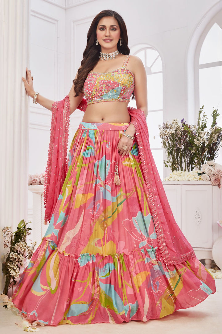Rose Pink Multicolor Digital Print, Beads, Zardozi and Sequins work Crop Top Lehenga