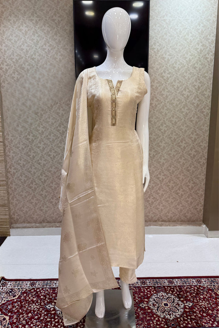 Cream Brocade, Beads, Sequins, Zardozi and Mirror work Straight Cut Salwar Suit