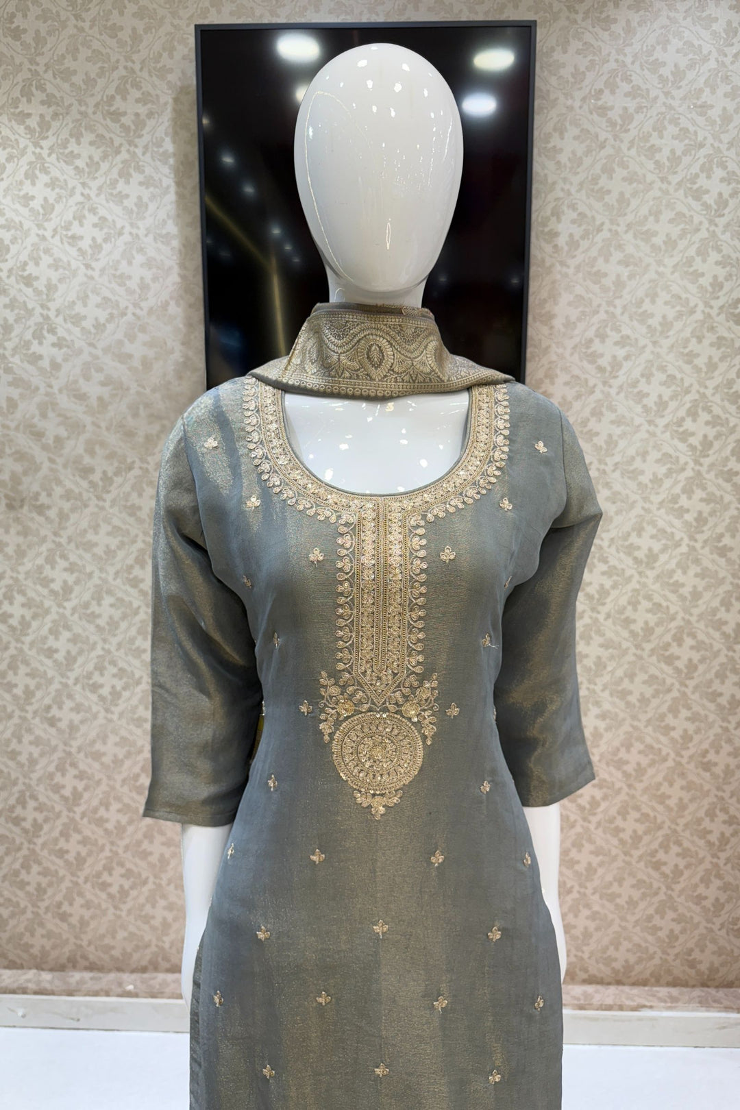 Grey Sequins, Zari and Banaras work Straight Cut Salwar Suit