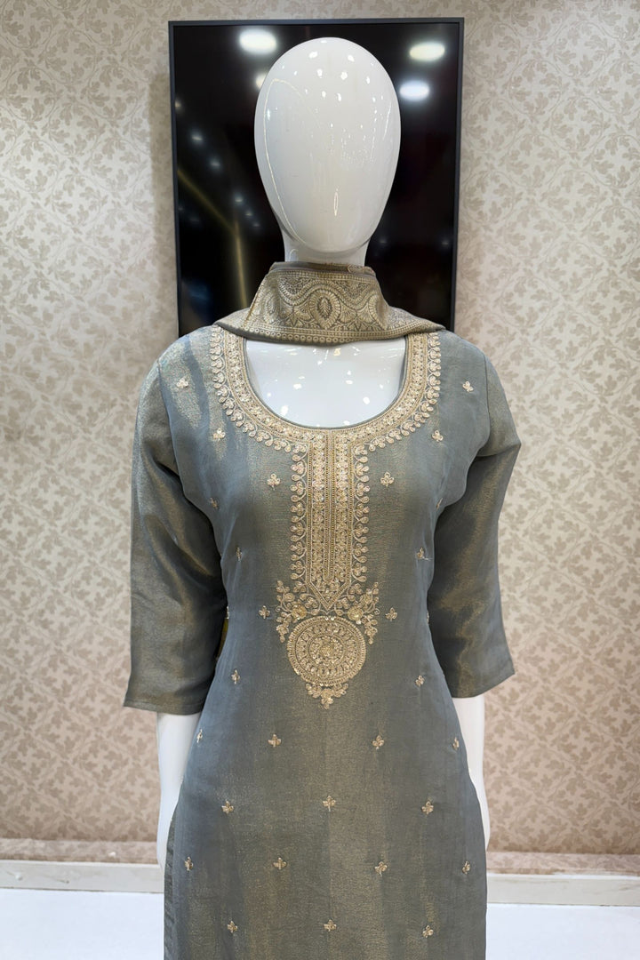 Grey Sequins, Zari and Banaras work Straight Cut Salwar Suit