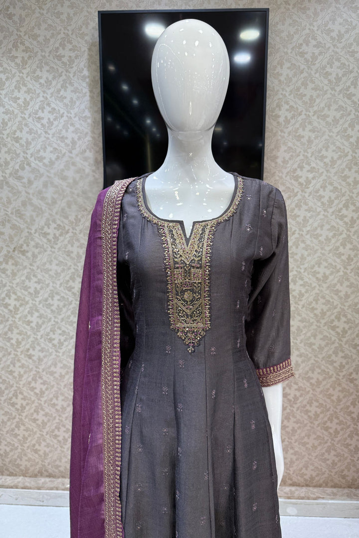 Grey Beads, Zardozi, Thread, Sequins, Stone and Zari work A-line Cut Salwar Suit