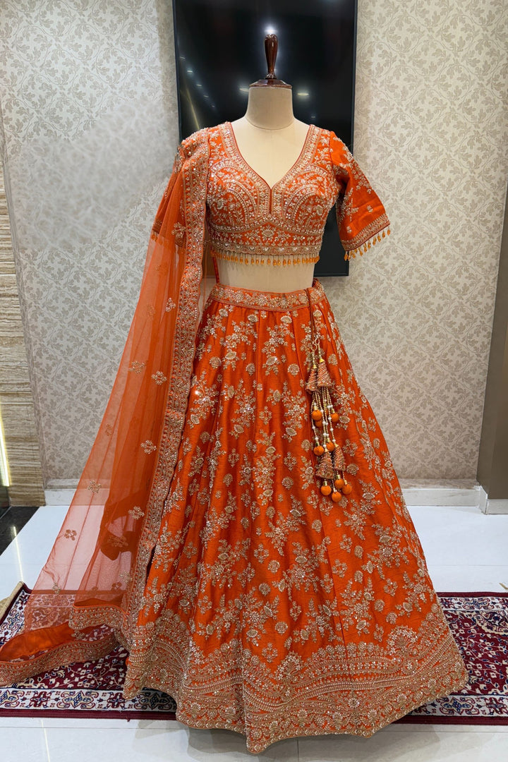 Orange Beads, Zari, Zardozi and Sequins work Crop Top Designer Bridal Lehenga with Belt