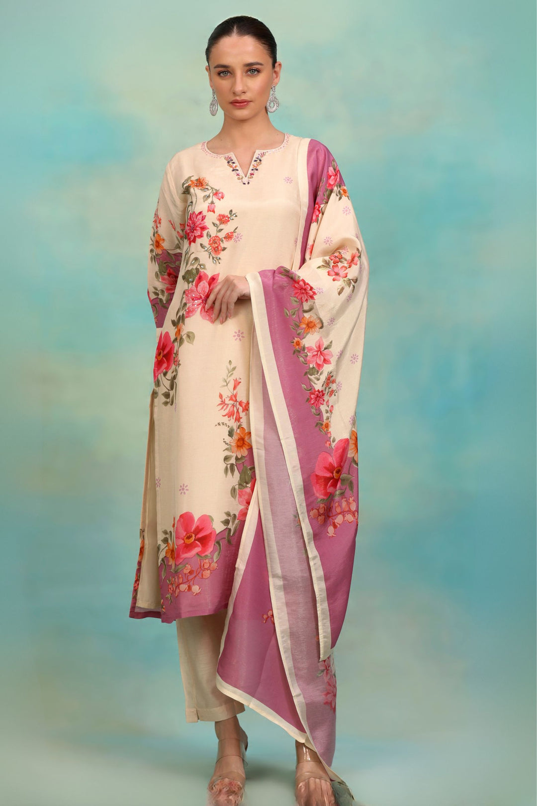 Cream Beads and Sequins work with Floral Print Straight Cut Salwar Suit