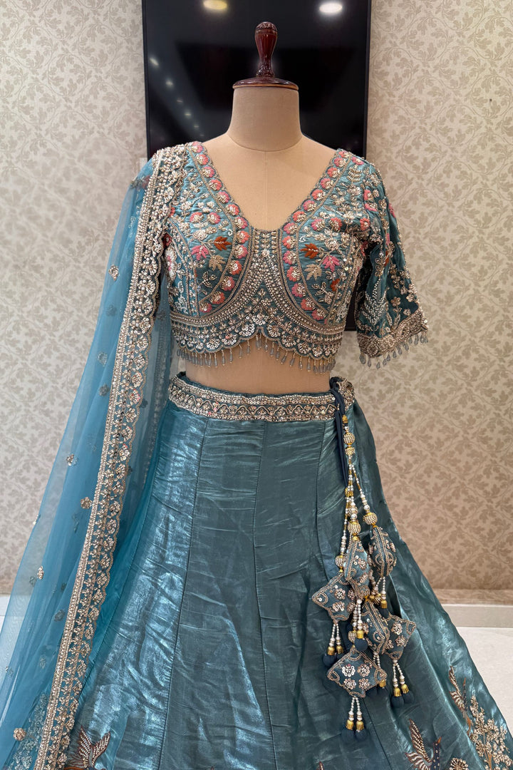 Bridal Organza Lehenga with Hand-Embroidered Birds and Floral Forest Motifs