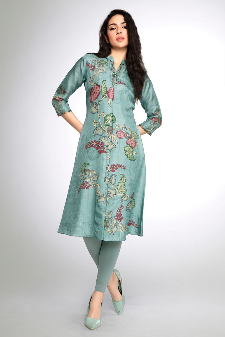 Sea Green Zardozi, Beads and Stone work with Floral Print A-line Cut Calf Length Kurti
