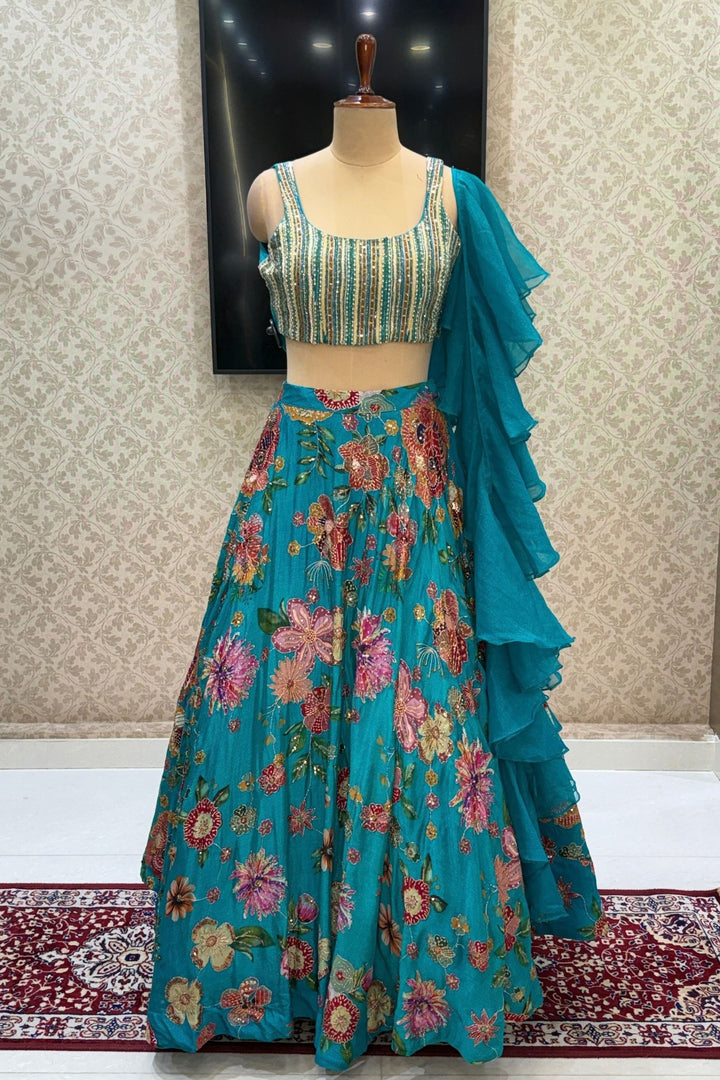 Rama Green Beads, Zardozi, Sequins, Stone and Zari work with Floral Print Lehenga Set