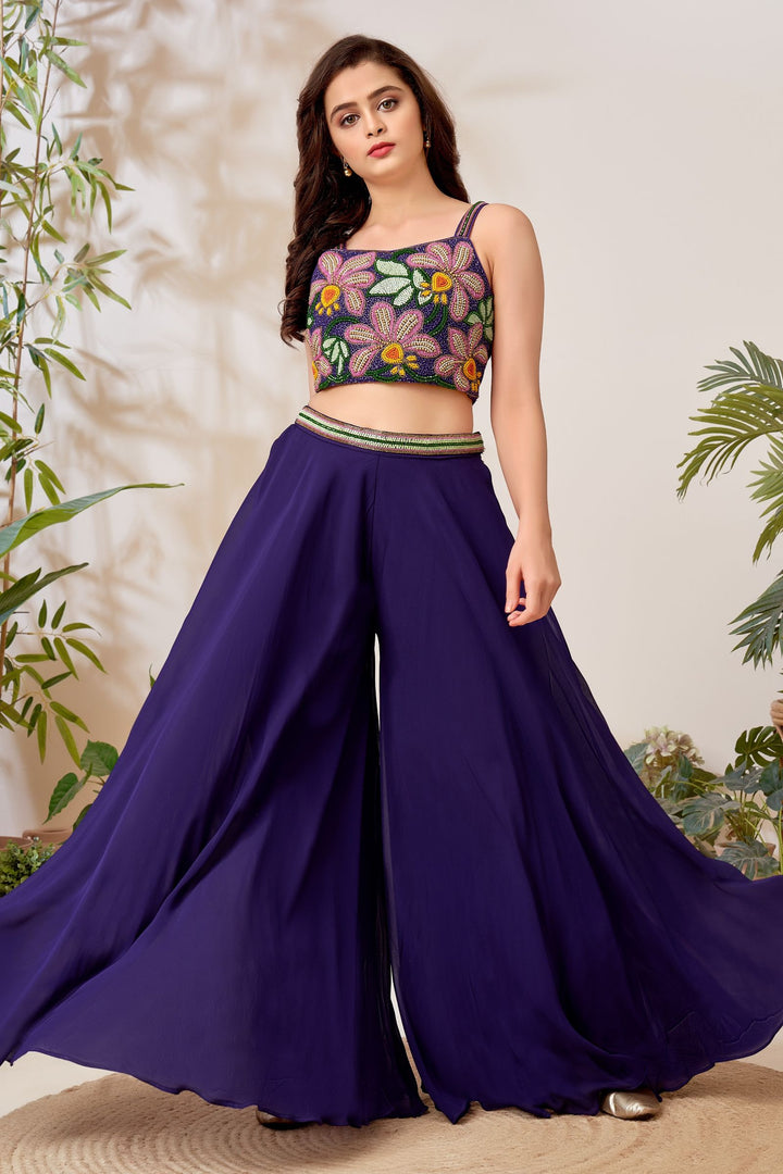 Purple Multicolor Beads work Palazzo Suit Set for Girls