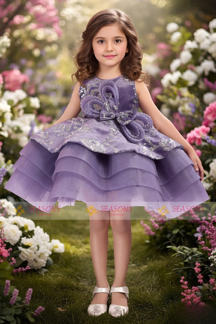 Purple Sequins work Short Partywear Short Frock for Girls