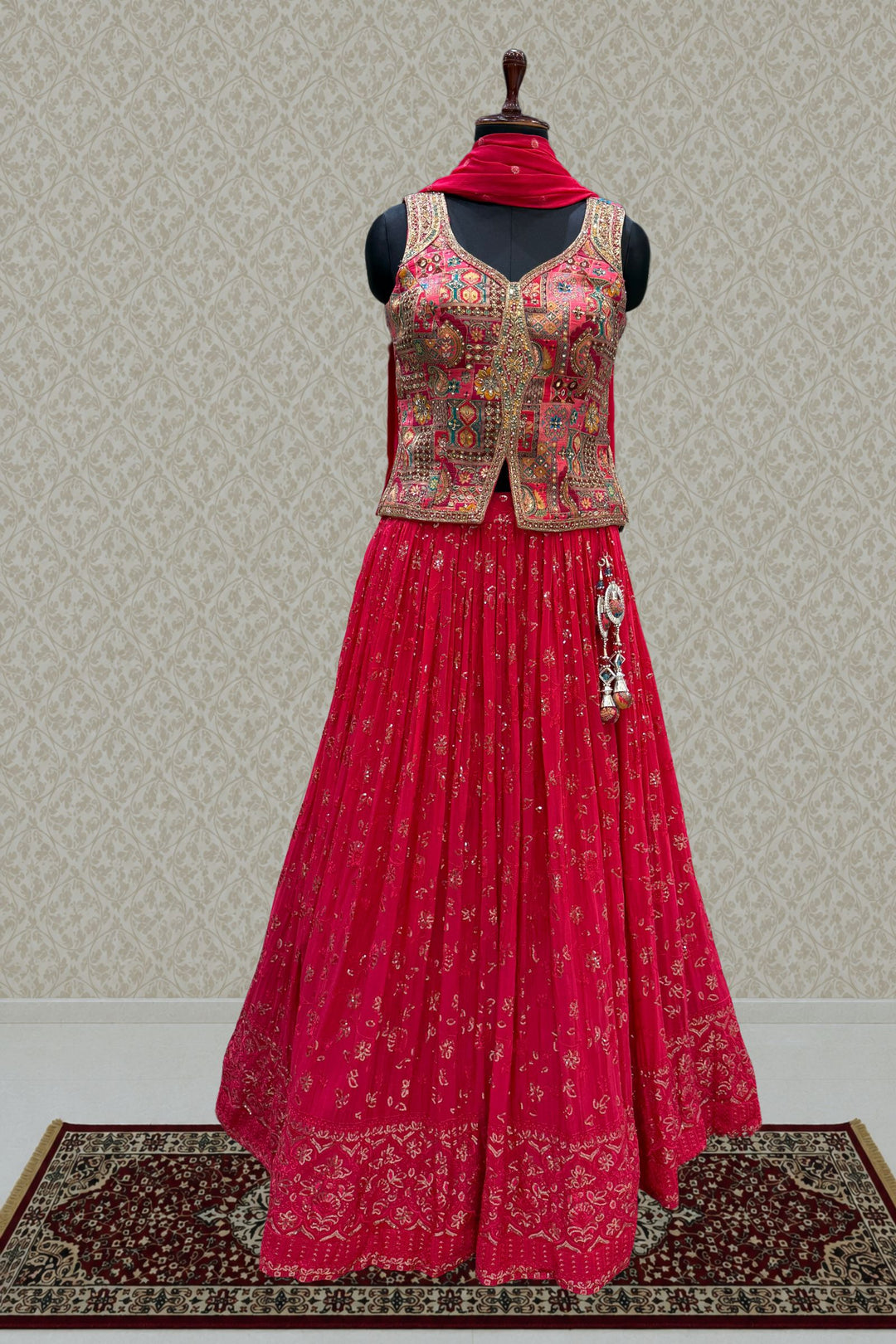 Rani Pink Zardozi, Beads, Mirror, Stone, Zari and Beads work Peplum Style Lehenga