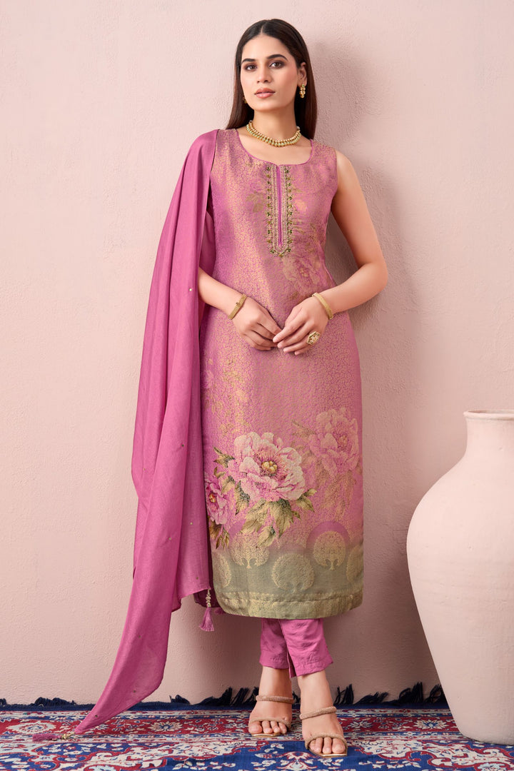 Lotus Pink Brocade, Zardozi, Stone and Zari work with Floral Print Straight Cut Salwar Suit