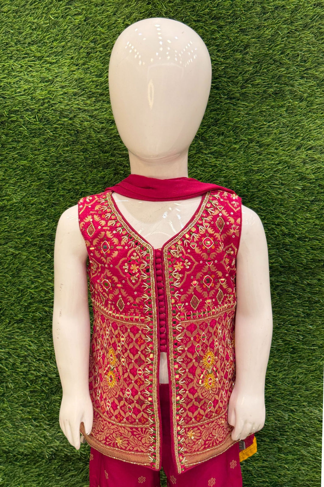 Dark Pink Zari, Mirror, Sequins and Beads work Sharara Suit Set for Girls