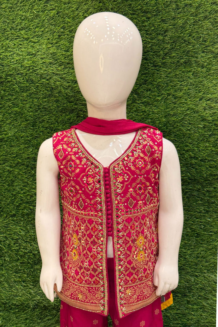 Dark Pink Zari, Mirror, Sequins and Beads work Sharara Suit Set for Girls