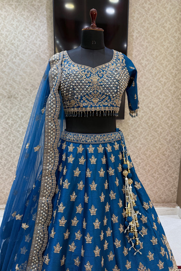 Teal Blue Beads, Zari, Zardozi and Sequins work Crop Top Designer Bridal Lehenga with Belt