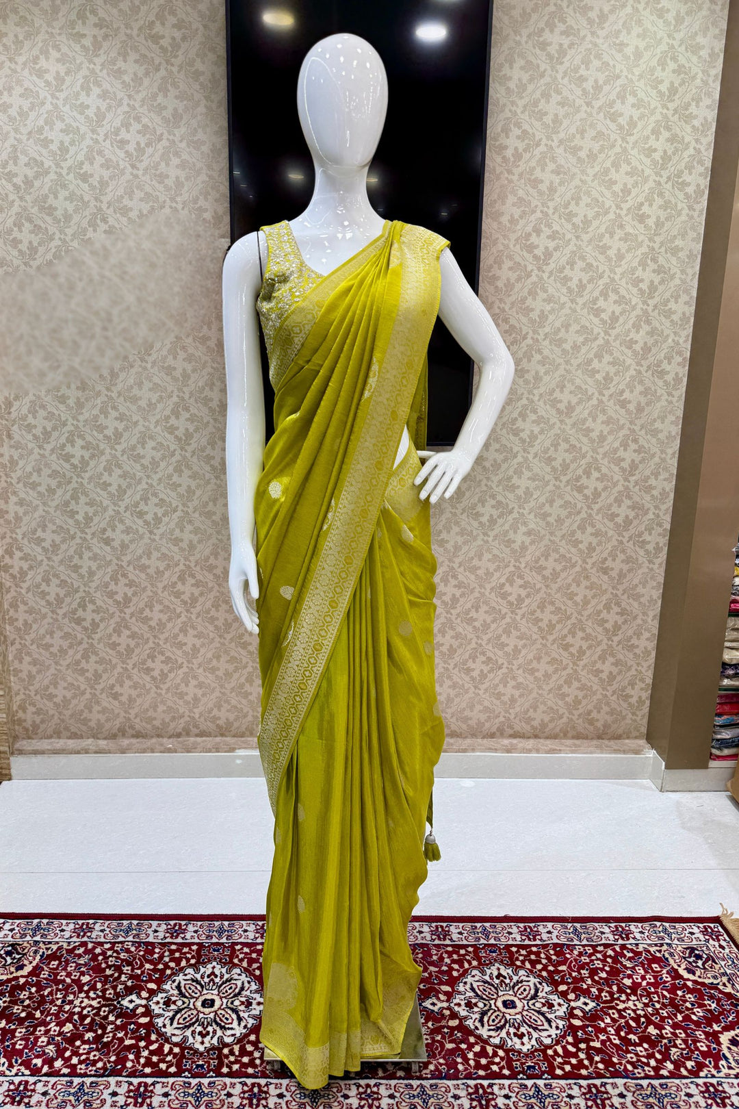 Green Banaras Zari work Saree with Zari and Sequins work Readymade Blouse