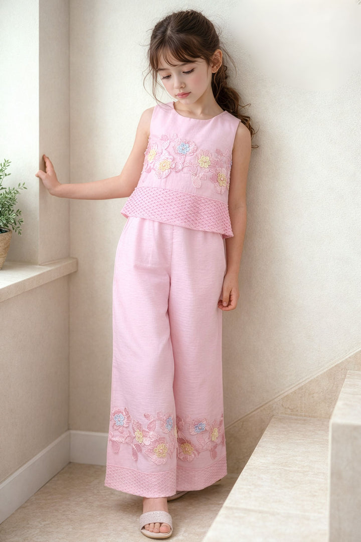 Pink Thread work Top and Palazzo Set for Girls