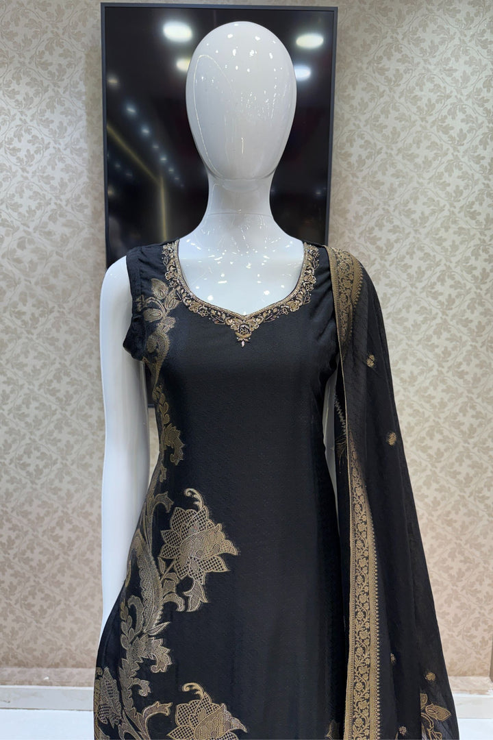 Black Banaras, Stone, Zardozi, Beads and Zari work Straight Cut Salwar Suit