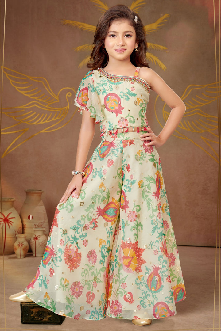 Light Yellow Zardozi and Mirror work with Multicolor Digital Print Palazzo Suit Set for Girls