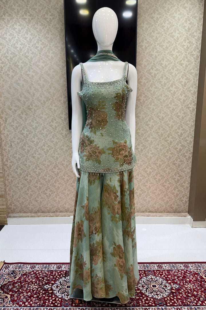 Sea Green Floral Print Top and Flared Palazzo Set with Kundan and Beads work
