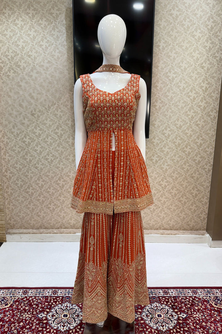 Orange Sequins, Zari, Mirror, Stone and Beads work Palazzo Salwar Suit