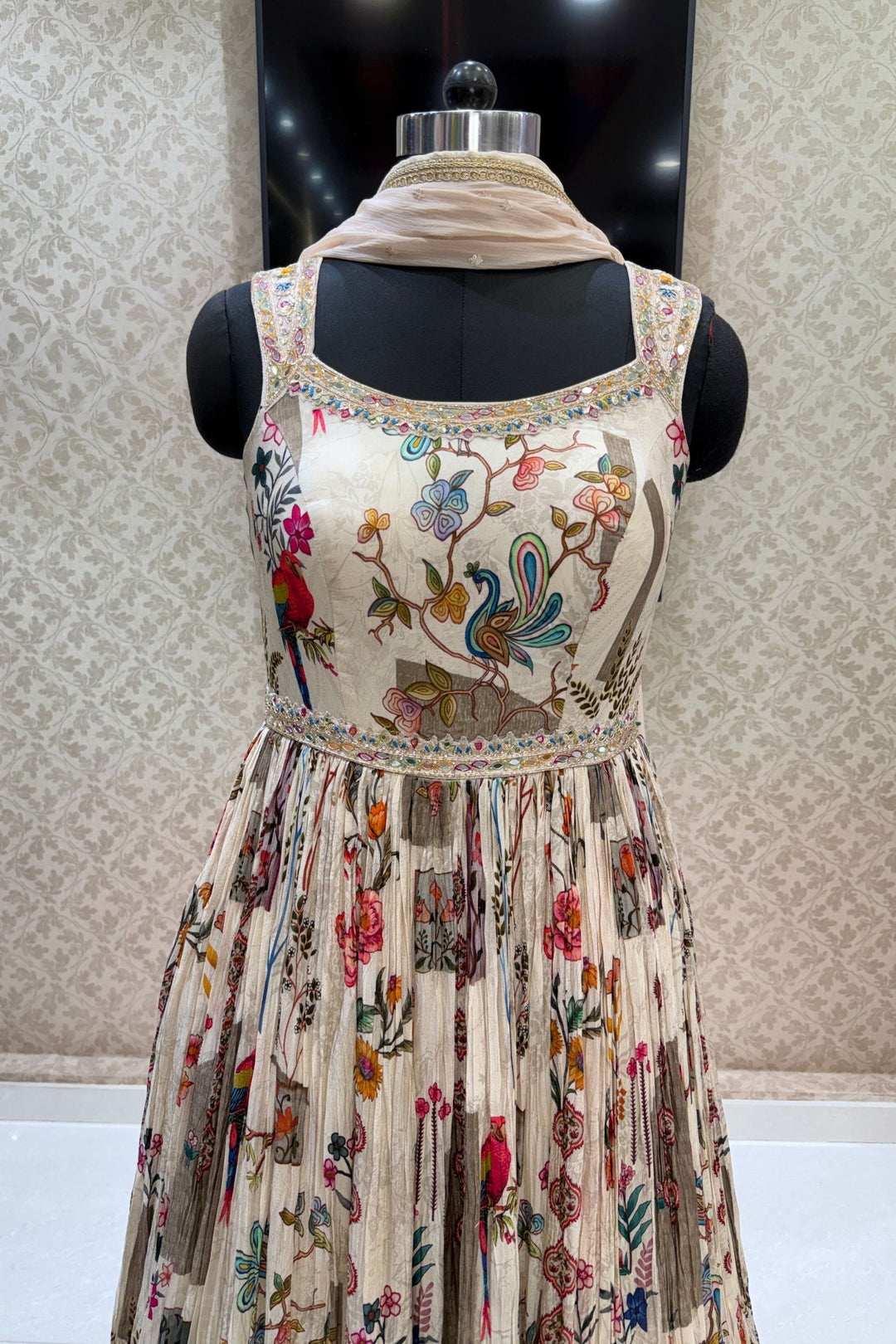 Cream Mirror, Zardozi, Zari and Banaras work with Digital Print Floor Length Anarkali Suit