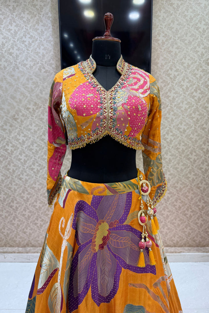 Yellow Zardozi, Beads, Sequins, Zari, Mirror and Floral work Crop Top Lehenga