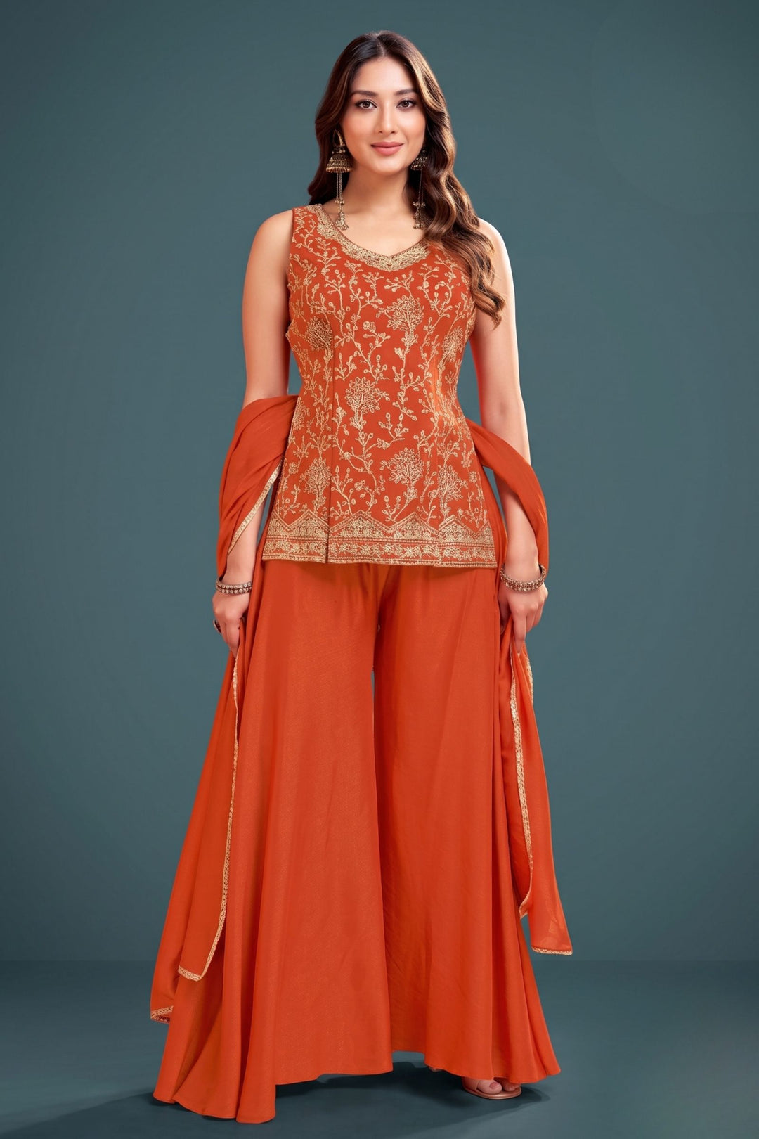 Orange Palazzo Salwar Suit with Beads, Sequins and Zari Detailing