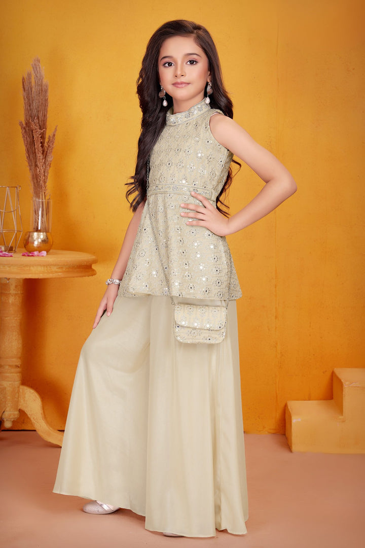 Cream Embroidery, Sequins, Zari and Beads work Peplum Top and Palazzo Set For Girls