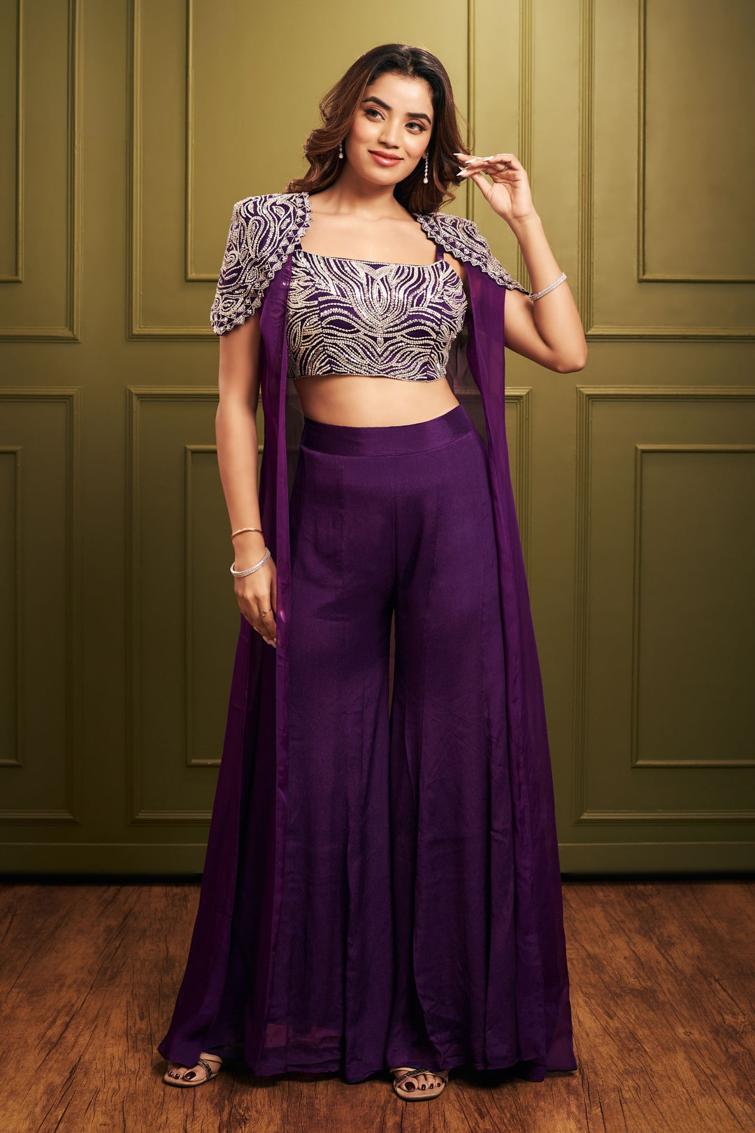 Palazzo Set New Jacket Top Purple Sequins And Beads Work Crop Top