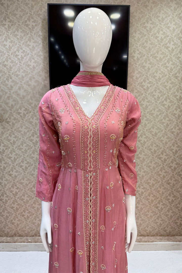 Rose Pink Beads, Sequins and Thread work Long Top with Straight Pant