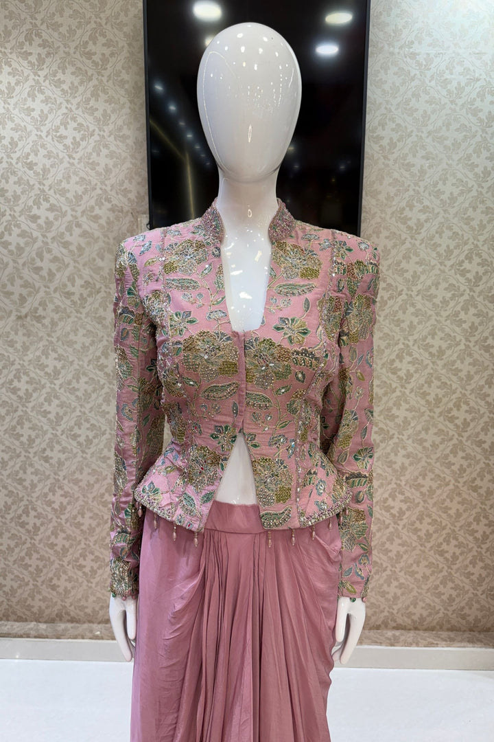Onion Pink Beads, Zari and Sequins work with Floral Print Crop Top and Cowl Skirt