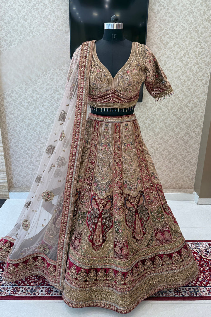 Maroon with Chiku Sequins, Beads, Zari and Stone work Crop Top Designer Bridal Lehenga