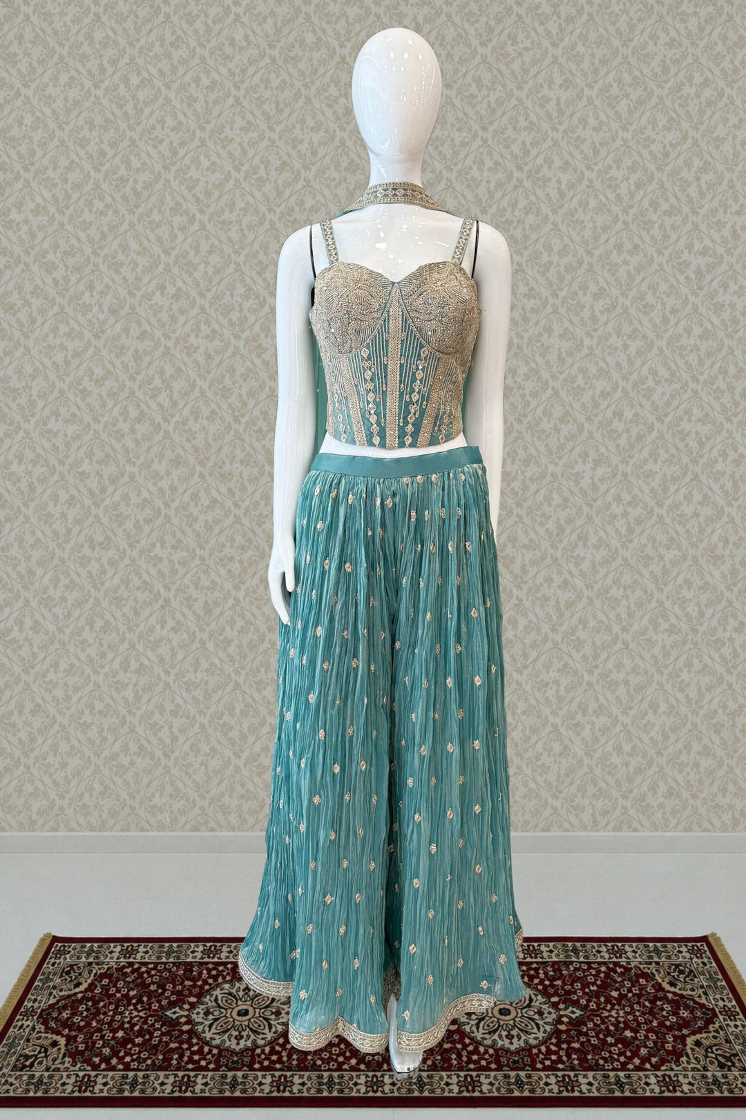 Sea Blue Zari Thread, Mirror and Stone work Palazzo Set with Corset Top