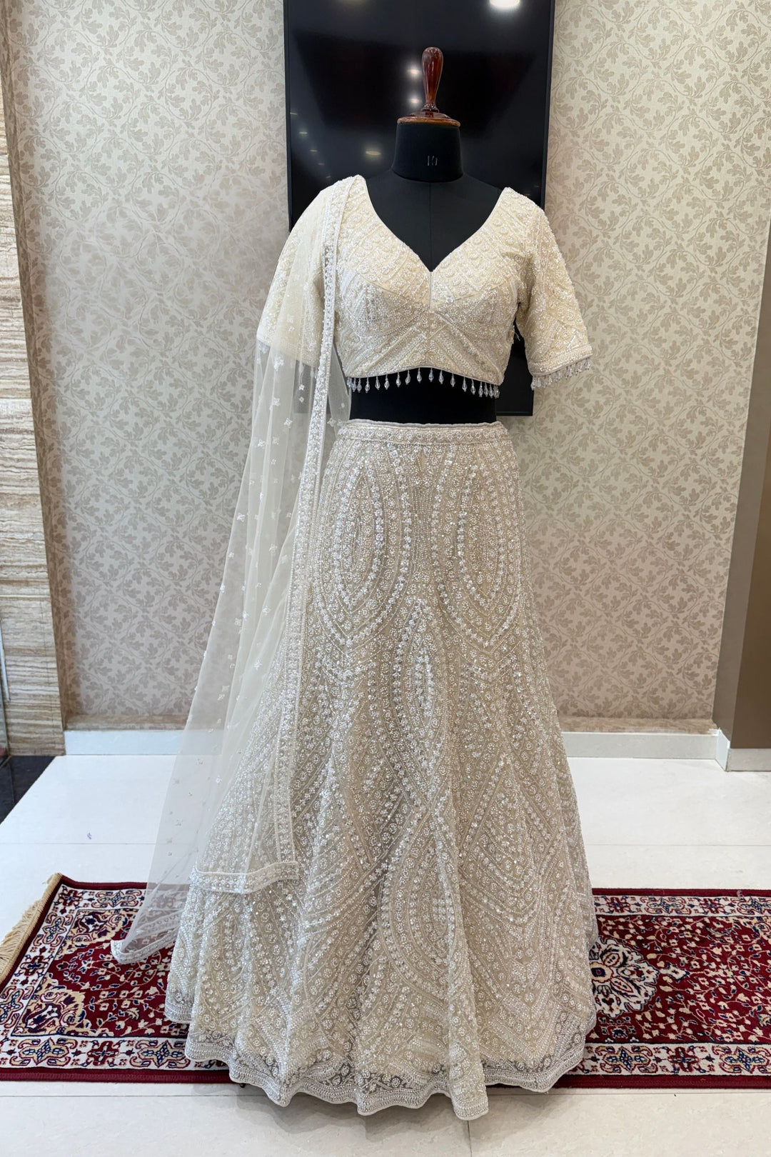 Cream Beads, Pearls and Sequins work Crop Top Designer Bridal Lehenga